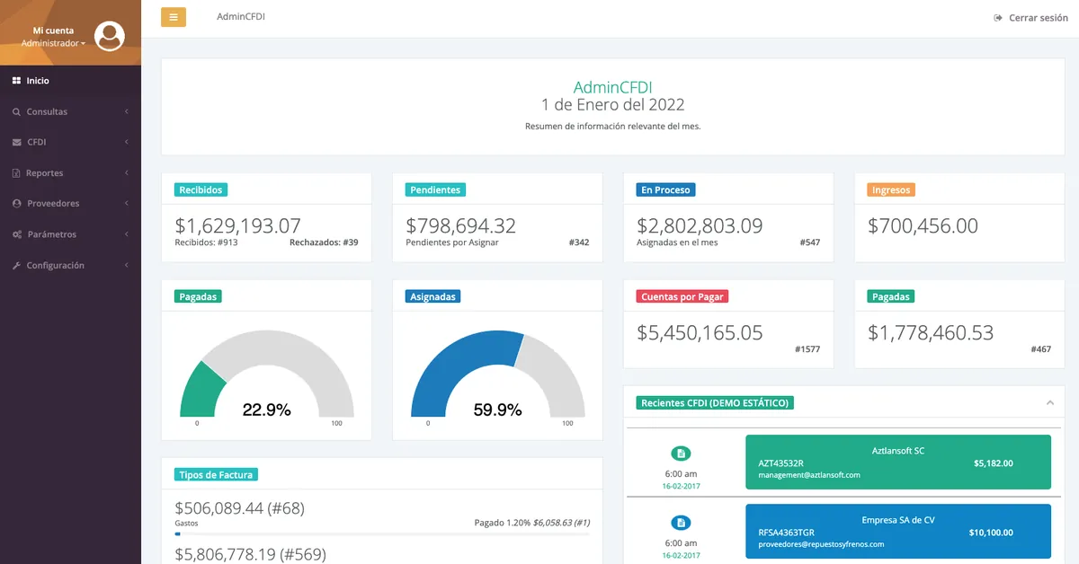 Proyecto AdminCFDI desarrollado por Aztlansoft